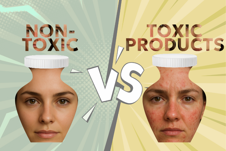 Split-screen graphic showing a woman with clear skin labeled “Non-Toxic” on the left and a woman with irritated skin labeled “Toxic Products” on the right, with “VS” in the center.